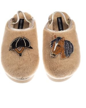 Laines London Neutrals Flatform Cloud Closed Toe Slippers With Riding Hat & Horse Brooches - Brown