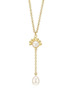 Unaloe Vermeil Marine Shell Necklace With Round & Teardrop Pearls – Sculpted Ocean Inspired Pendant, Textured Coastal Fine Jewelry - Metallic