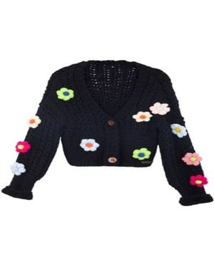Saachi Appliqué Knit Floral Cardigan With Buttons - Blue