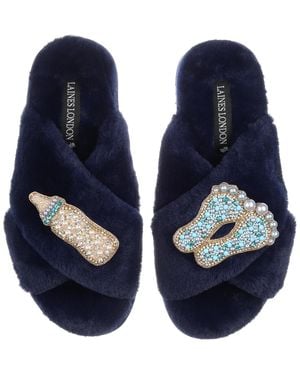 Laines London Classic Laines Slippers With New Baby Boy Brooches - Blue