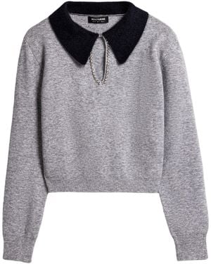 Nocturne Contrast Collar Keyhole Knit Sweater - Gray