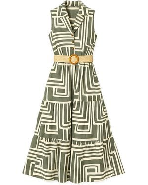 Yumi' Viscose Geo Print Midi Shirt Dress With Matching Belt - Green