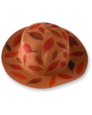Heartfelt Layers Foliage Autumn Leaves Hand-Painted Woven Straw Sun Hat, Wide Brim Summer Beach Cap - Brown
