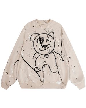 X Ilona Blue Neutrals Graffiti Teddy Bear Vintage Washed Cotton Abstract Crewneck - Natural