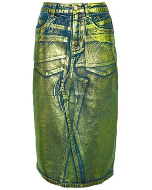 Amy Lynn Clara Denim Foil Coated Midi Skirt - Green