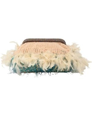 Sibylla Delphica Neutrals Phaedra Crochet Clutch With Feather Trim - Natural