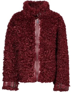 Amy Lynn Celeste Burgundy Faux Fur Shearling Coat With Leather Trim - Red
