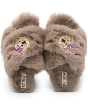 Rettrose Neutrals Roxy Mink Luxury Plush Diamanté Embellished Handmade Slipper - Multicolour