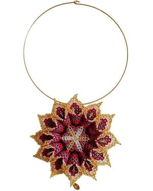 Iliana Arrazola Dahlia Flower Choker, Glass Beads, Beaded Jewellery - Red