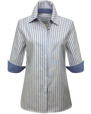 Perlavera Sam Jeans Stripe Hidden Placket Three Quarter Sleeve Slim Fit Cotton Oxford Shirt - Blue