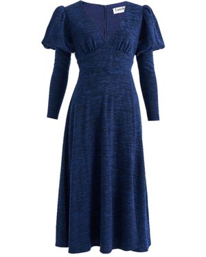 Louche Moa Sustainable Marl Puff Sleeve V Neck Midi Dress - Blue