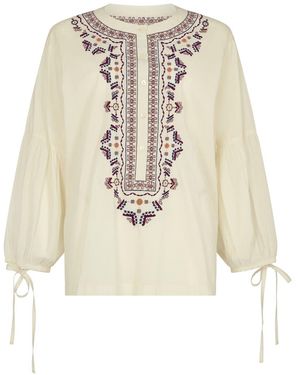 Raffya Anai Half Placket Embroidered Blouse - Natural