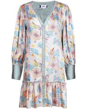 Maison Qala Neutrals Farasha V Neck Short Dress - Blue