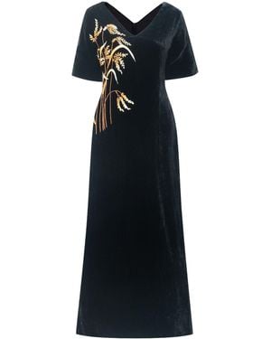 Silk and Bears Golden Harvest Hand-Embroidered Silk Velvet Dress - Black