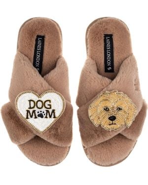Laines London Neutrals Classic Laines Slippers With Dog Mum Mom & Golden Cockapoo Brooches - Brown