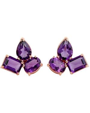 Artisan Amethyst Gemstone 3 Stone Stud Earrings - Purple