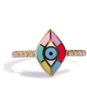 Ebru Jewelry Minimalist Colourful Enamel Evil Eye Diamond Band Cocktail Ring - Red