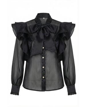 Modenaire Sheer Ruffle Blouse With Statement Bow - Black