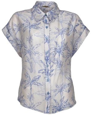 Lalipop Design Drop-Shoulder Palm Leaf Printed Button-Down Shirt - Blue