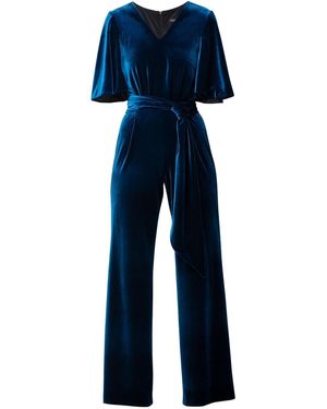 Rumour London Layla Velvet Jumpsuit With Bell Sleeves & Sash - Blue