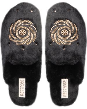 Rettrose Morgan Noir Luxury Plush Diamanté Embellished Handmade Slipper - Black