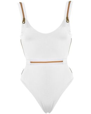 ANTONINIAS Ripple High Leg One Piece Swimwear With Zip Details - White