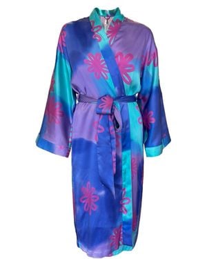 Roy G. Pool Watercolor Floral Kimono Robe - Blue