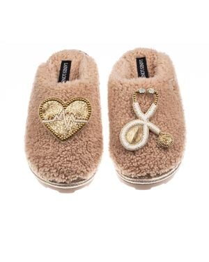 Laines London Neutrals Teddy Closed Toe Slippers With Doctor Brooches - Natural