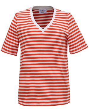 Smart and Joy V Neck Stripes Cotton T-Shirt - Red
