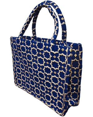 Berber Leather Moroccan Geometric Print Fabric Tote Bag - Blue