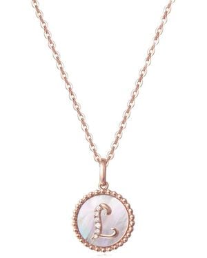 Fanci Me "L" Initial Letter Mother Of Pearl And Diamond Round Disc Solid Necklace - Metallic