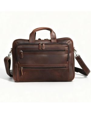 Touri Genuine Leather Briefcase With Multiple Pockets - Brown