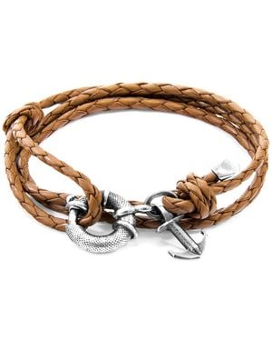 Anchor and Crew Light Brown Clyde Anchor Silver & Braided Leather Bracelet - Multicolor