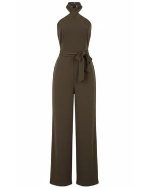 Yumi' Cross Over Halter Neck Jumpsuit - Brown