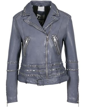 Freaky Nation Leather Biker Jacket With Studs - Blue