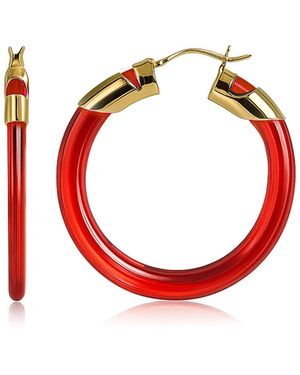 Gold & Honey Ruby Classic Flat Lucite Birthstone Hoop Earrings - Red