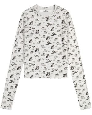 Cloud Haven Long Sleeve Smiling Bulldog Printed Tee - Blue