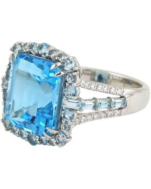 Artisan Octagon Topaz Baguette Aquamarine Pave Diamond Cocktail Ring - Blue