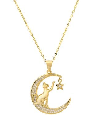 Kylie Harper Playful Kitty Cat Diamond Cz Moon Pendant Necklace - Metallic