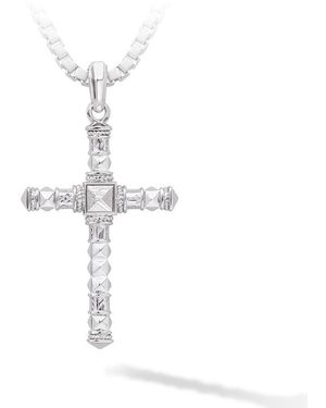 AWNL Runes-Engraved Meteorite Cross Necklace- Sterling - Metallic