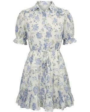 Modenaire Floral Shirt Dress Cinched Waist - Blue