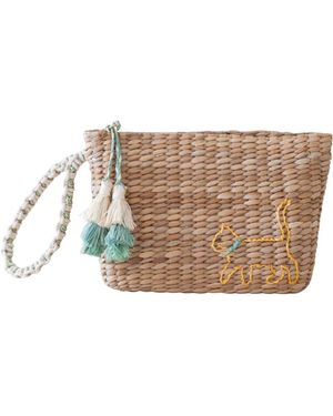 LIKHÂ Neutrals Handwoven Seagrass Cat Wristlet Pouch With Tassels - Brown