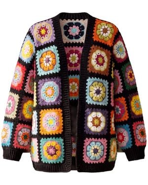 Ana Chic Grid Granny Square Handmade Crochet Cardigan - Black