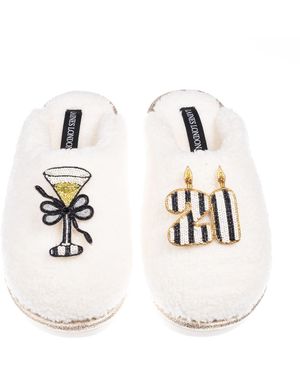 Laines London Teddy Closed Toe Slippers With Stripe 21St Birthday & Champagne Glass Brooches - White