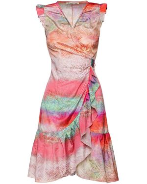 Conquista Sunset Hues Abstract Print Light Satin Dress - Red