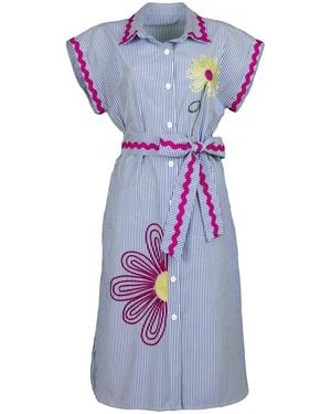 Lalipop Design Pinstripe Cotton Shirtdress With Flower Embroidery - Purple