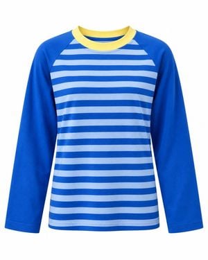 Mind Traveler Striped Raglan Long Sleeve Carla Top With Contrast Neck - Blue