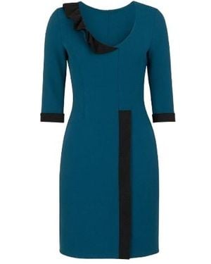 Conquista Elbow Sleeve Two Tone Felt Dress With Frill & Trim Detail - Blue