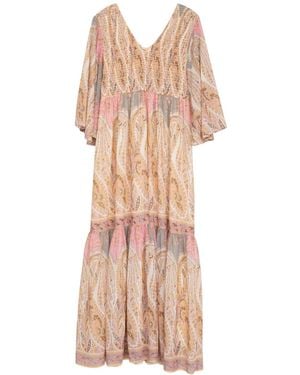 Niza Long Printed Dress With V-Neck And Belt - Pink