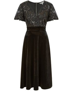 Yumi' Embellished Velvet Wrap Skater Midi Dress - Black